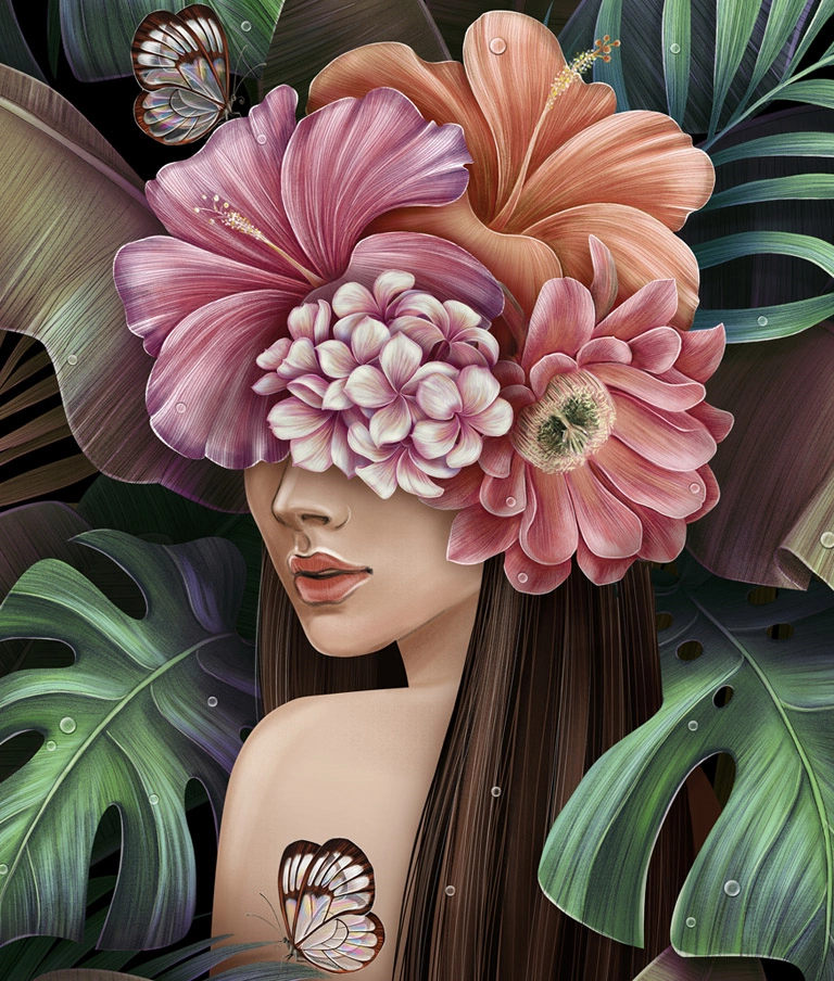 kobieta z kwiatami na głowie